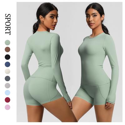 Einfarbiges eng anliegendes langärmeliges T-Shirt Yogaanzug-Set mit hoher Taille und Nacktgefühl, schnell trocknendes Lauf- und Fitness-Zweiteiler-Set für Damen