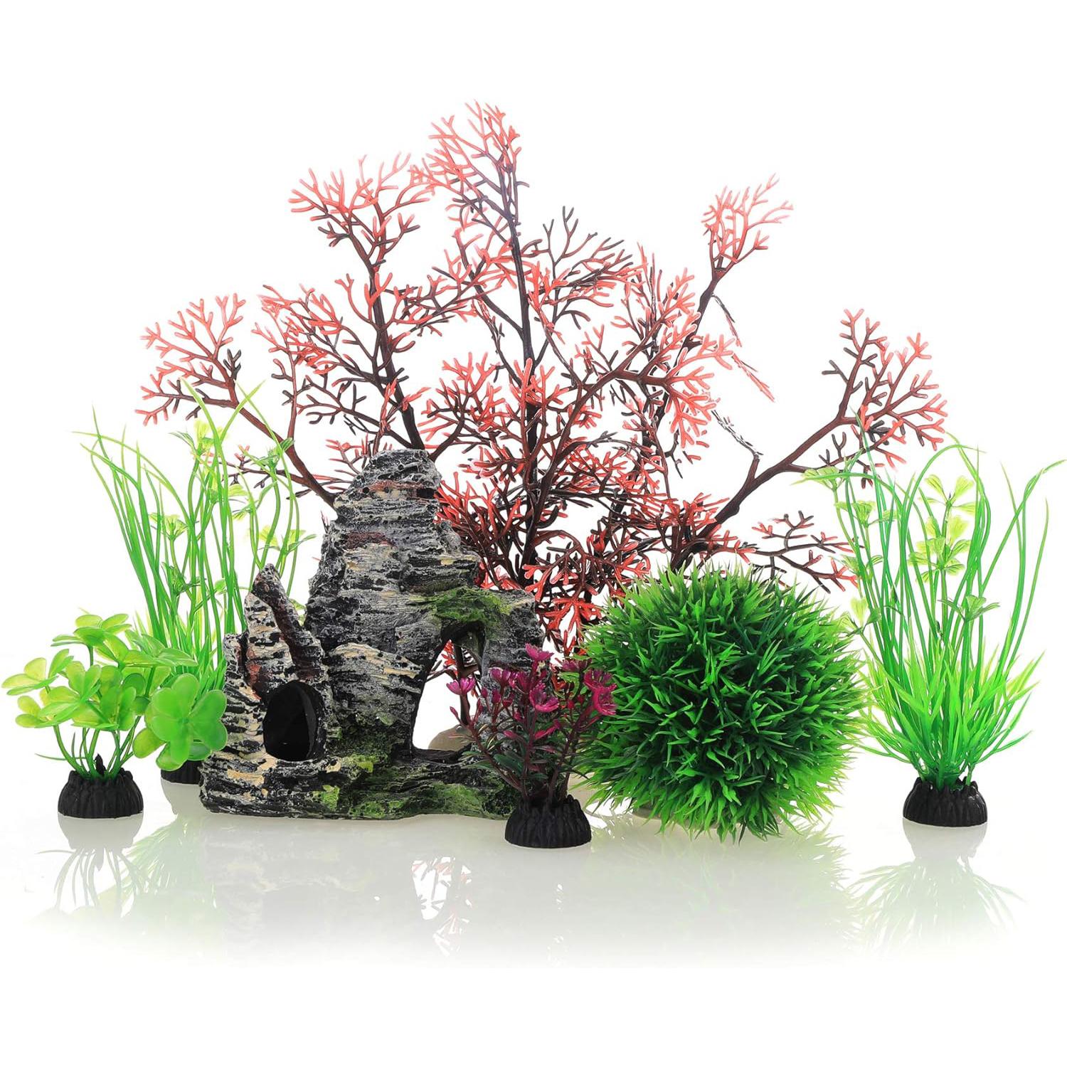

7PCS Aquarium Fish Tank Plastic Plants and Cave Rock Decorations Decor Set 7 Pieces, Small and Large Artificial Fish Tank Plants