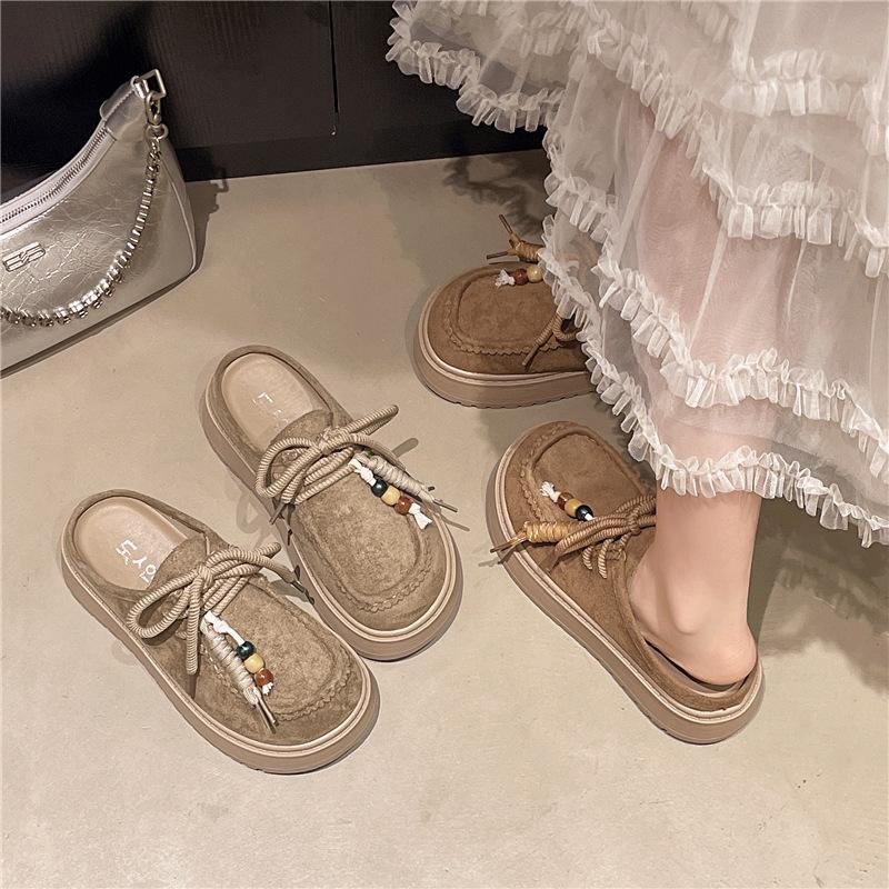 Baotou Half Slippers Women's Thick Soles 2025 New Heightening Birkenstock Slippers Retro Ethnic Style One-pedal Lazy Shoes