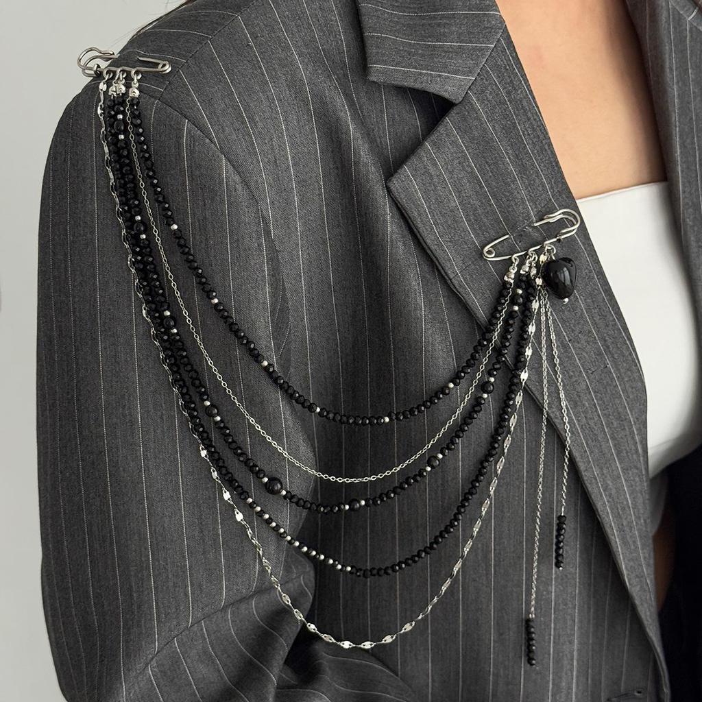Punk Hip-hop Black Long Crystal Chain Tassel Pendant Brooch Multi-layer Creative Gravel Weaving Girl Fashion Set Jewelry
