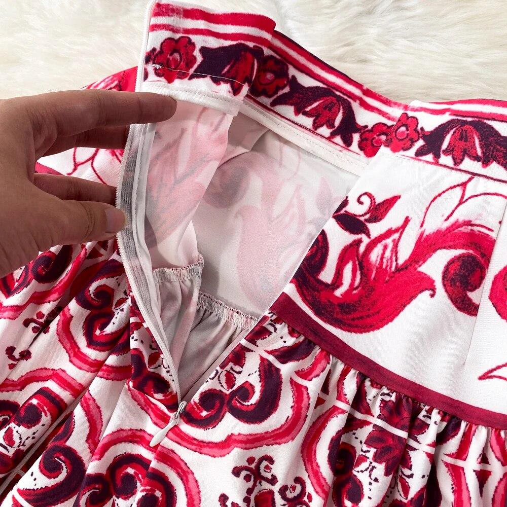 Elegant Porcelain Pattern Two Piece Set Women Flower Print Short Crop Top Pleated Maxi Skirt Suits Female Patchwork Vintage Strap Sets 2024