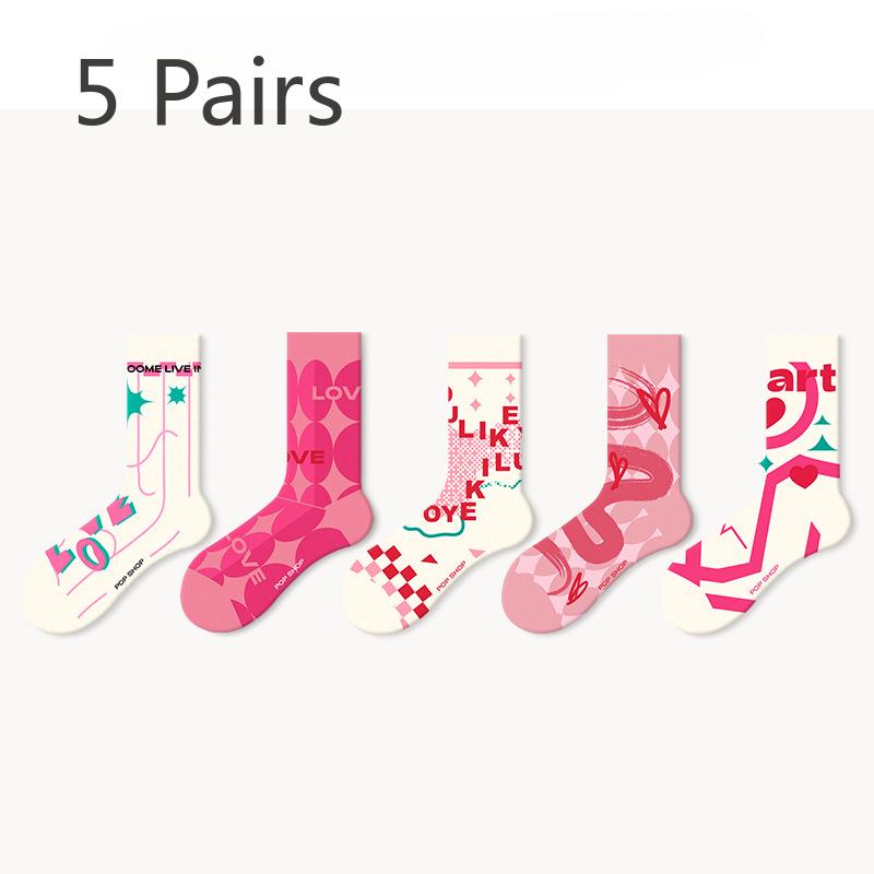 5 Pairs of Female Spring and Summer Sweat Tide Love In The Tube Cotton Socks