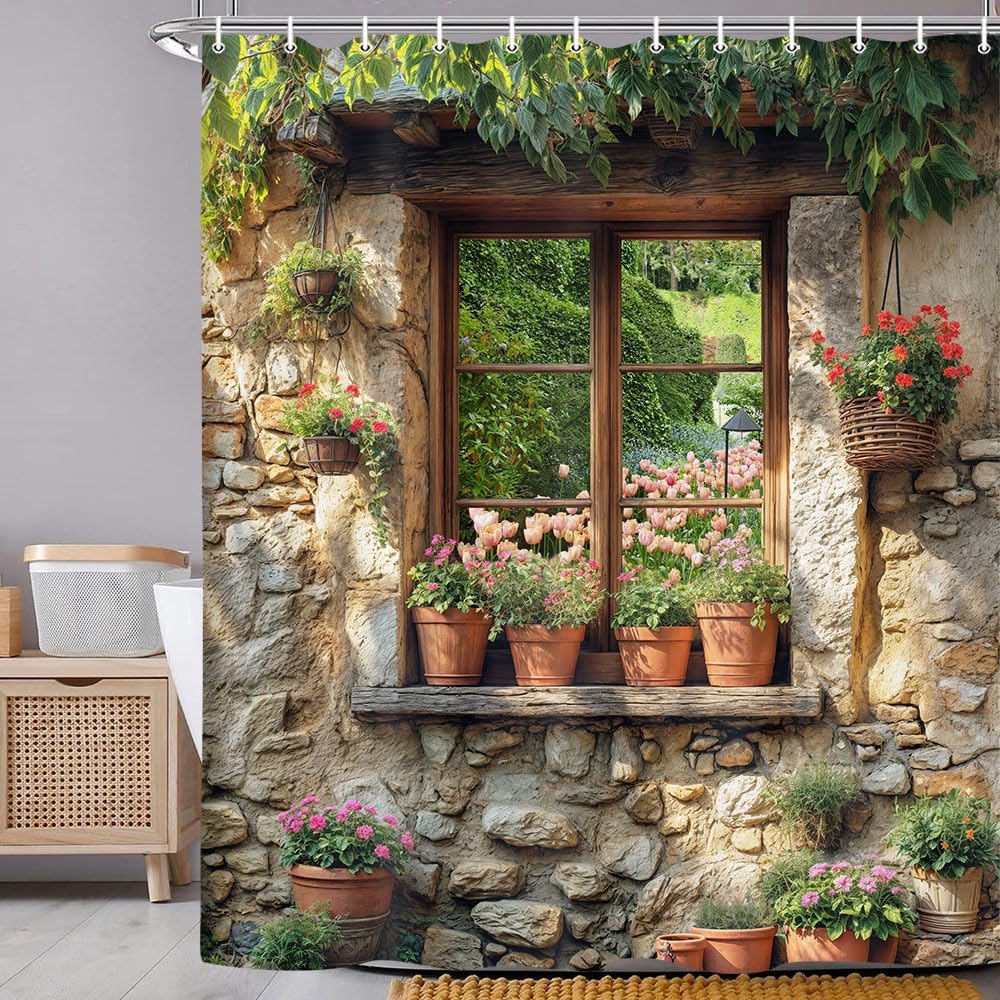 Stone Brick Wall Shower Curtainfor Bathroom,Vintage Green Leaves Floral Plant Decor Bath Curtain,Rustic Farmhouse Shower Curtain
