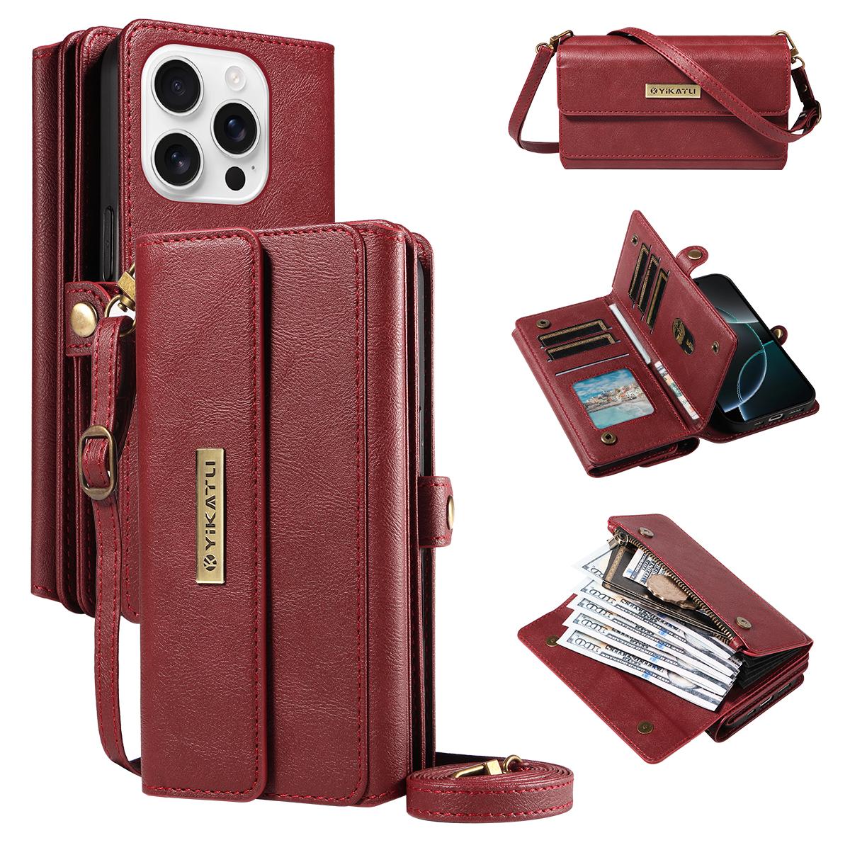 

For iPhone 16 Pro Max Case YIKATU YK-008 Zipper Wallet Leather Phone Cover with Shoulder Strap Red