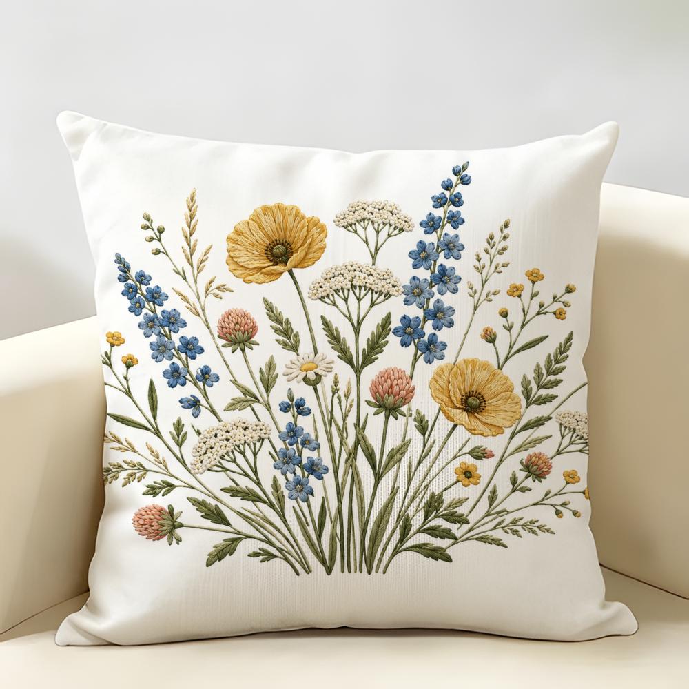 Federa Cuscino Fiori Ricamati Colorati Lino Naturale Tessuto Biologico Stampa Double-Face Traspirante Perfetta Per Arredo Casa