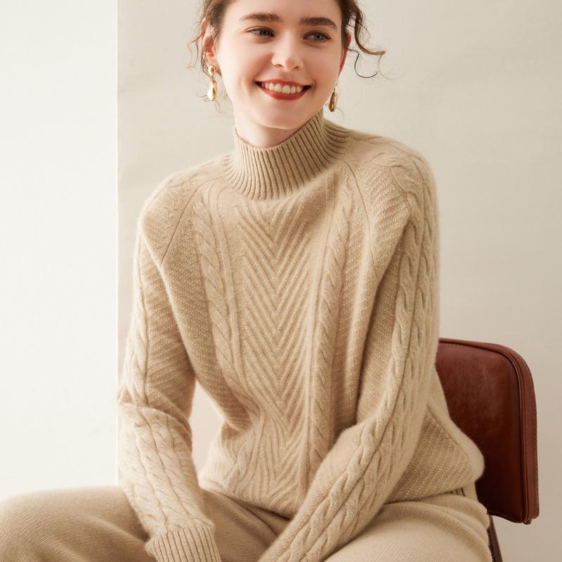 Women's Thickened Cashmere Sweater - Autumn/Winter, Half-High Neck, Twist Pattern Pullover, Casual Fashion.