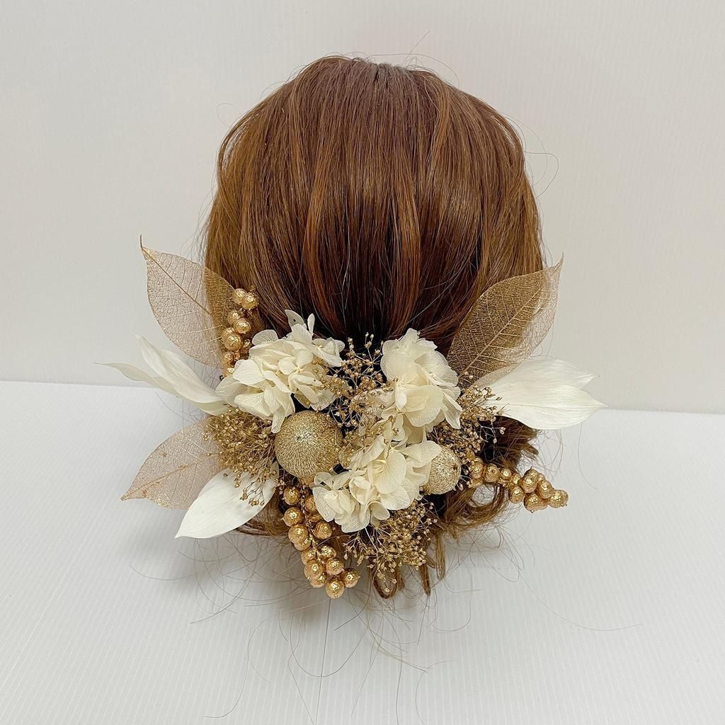 Dried Flower Hair White and Perfect for and with Hakama and Furisode Tamakanzashi Head Dress Ornament, Gold, Coming-of-Age Ceremonies, Weddings,