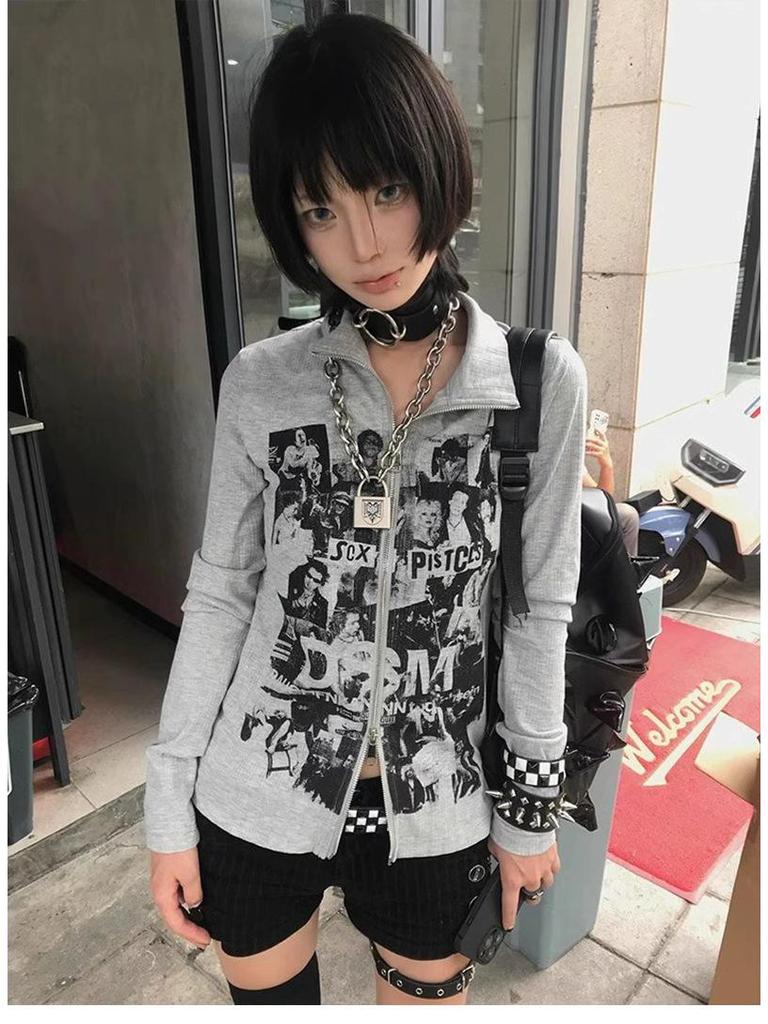 Jinliang Women's Ribbed Velvet Retro Punk Zip-Up Cardigan