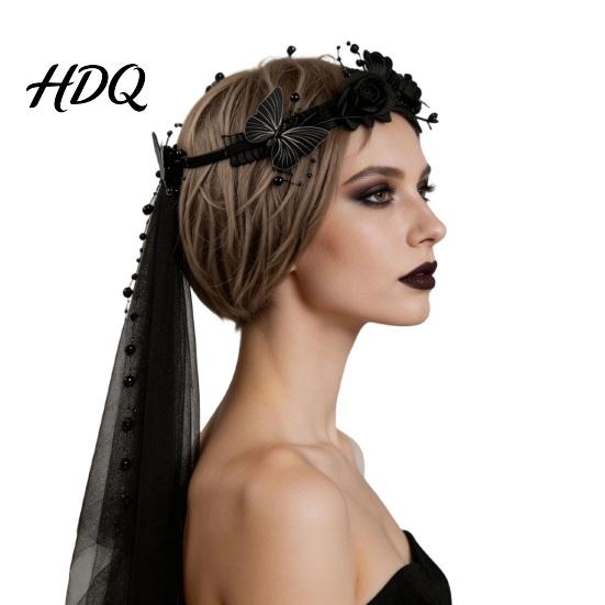 Dark Bride Cosplay Accessory Rose Black Butterfly Veil Headband Hair Hoop