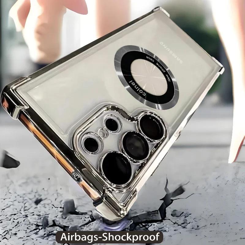 Luxusní pokovený magnetický průhledný kryt pro Samsung Galaxy S25 S24 Ultra S23 FE S22 Plus S21 Note 20 Nárazuvzdorný kryt s ochranou objektivu