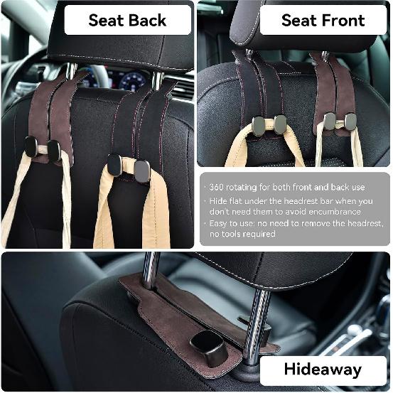 SLLAK Car Seat Back Storage Hook, 2-in-1 Car Seat Hooks for Headrest, 2 PCS Premium Leather Car Purse Hook, Suitable for Most Car Seats, Bags,