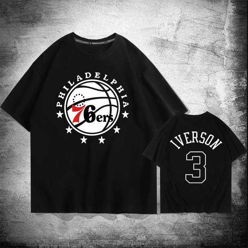 Philadelphia 76ers basketball short-sleeved T-shirt men s summer youth trendy basketball sports pure cotton loose shoulder half-sleeves 155XXS