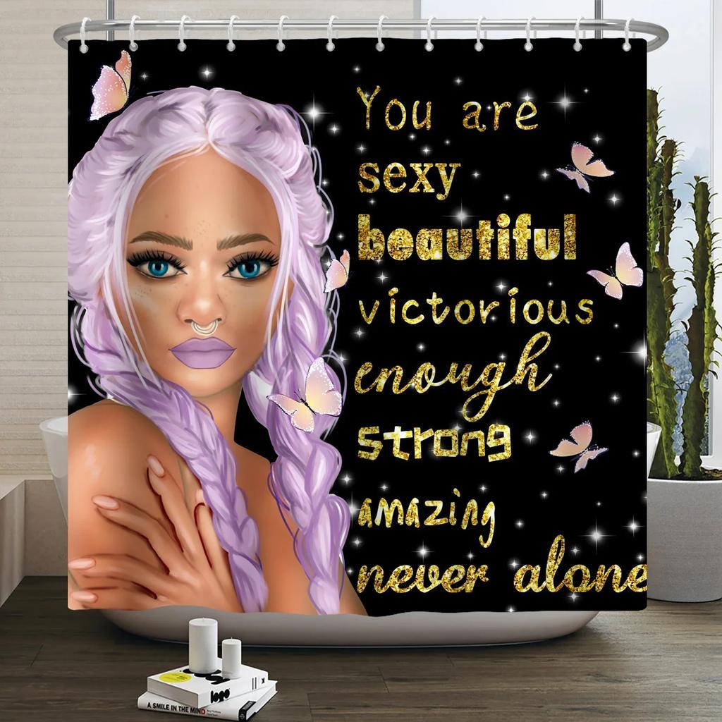 African American Woman Shower Curtain Sexy Black Girl Lady Inspirational Queen Abstract Boho Waterproof Bathroom Shower Curtain