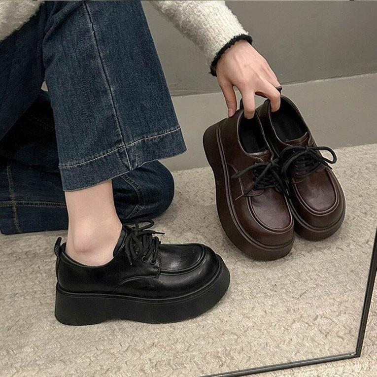 British Style Big Head Small Leather Shoes Women's 2025 Spring and Autumn New Black Lace-up Loafers Retro Versatile Platform Single Shoes