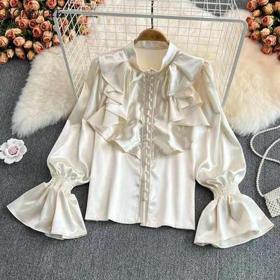 Vintage Solid Blouses Women Elegant Acetate Satin Stand Collar Flare Sleeve Design New Chic Sweet Loose Ruffles Female Tops