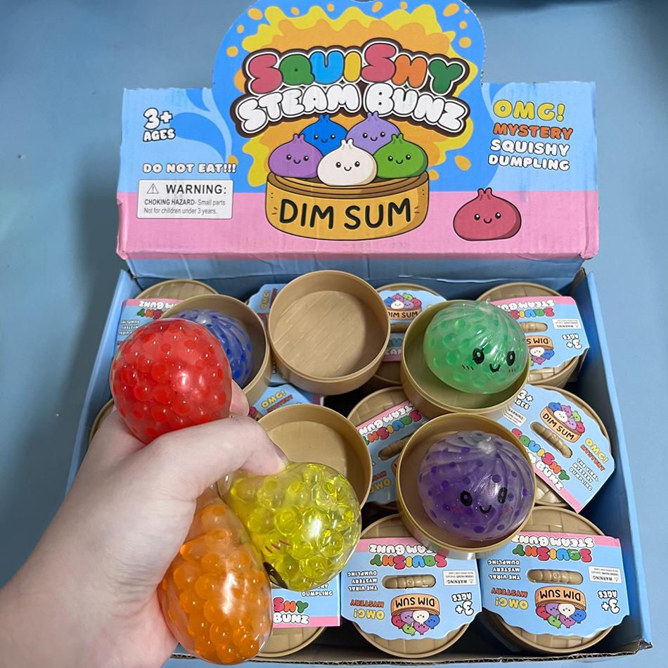 6Pcs Mini Dumplings with Steamer Bun Squeezable Toys Set Soft Stress Relief Crystal Squishy Fidget Sensory Toy Party Favors Gift