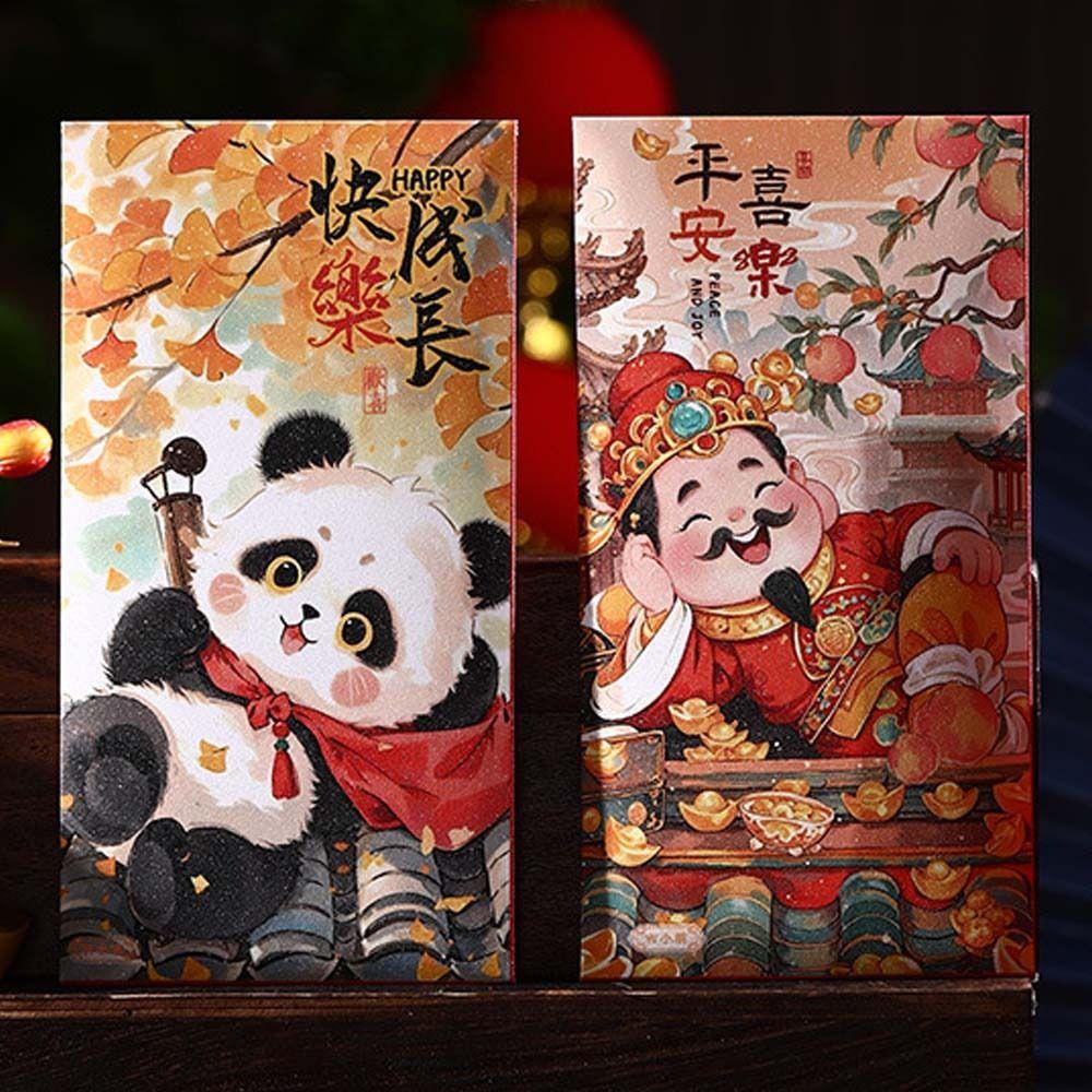 6pcs Chinese Style New Year Red Envelopes Traditional Hongbao God of Wealth Money Bag Panda Blessing Good Lucky Red Packets