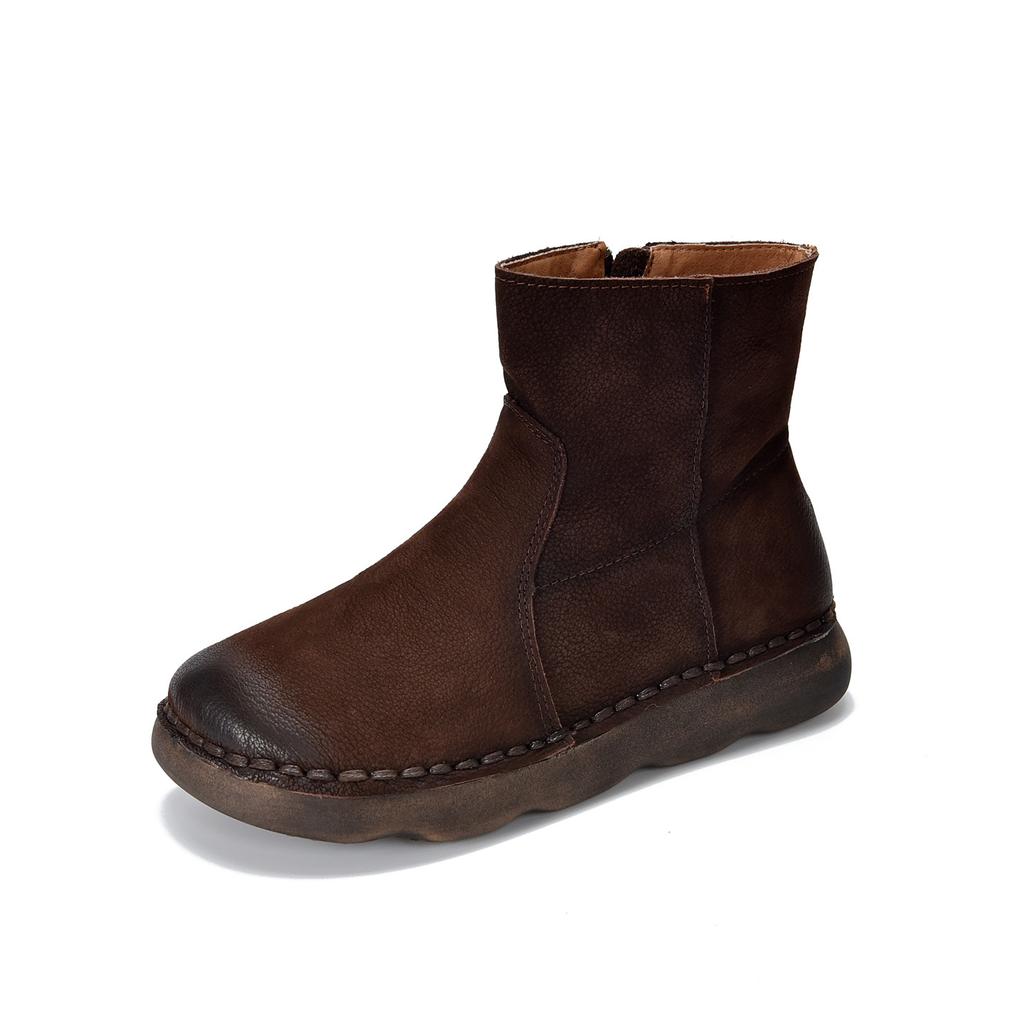 Johnature Versatile Women's Short Boots Round Toe Side Zipper Retro Genuine Leather Flat Boots
