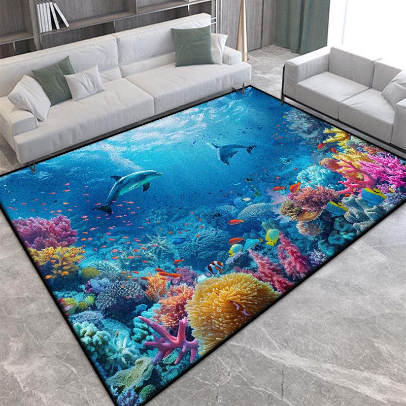 Modern 3D Seabed Large Living Room Rug Non-slip Room Decoration Rug Lint-free Easy Cleaning Entrance Door Mat Machine Washable
