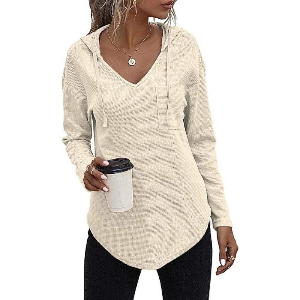 

Женские пуловеры с капюшоном и V-образным вырезом, с длинным рукавом, вафельные пуловеры с карманами и завязками, однотонные толстовки XXL