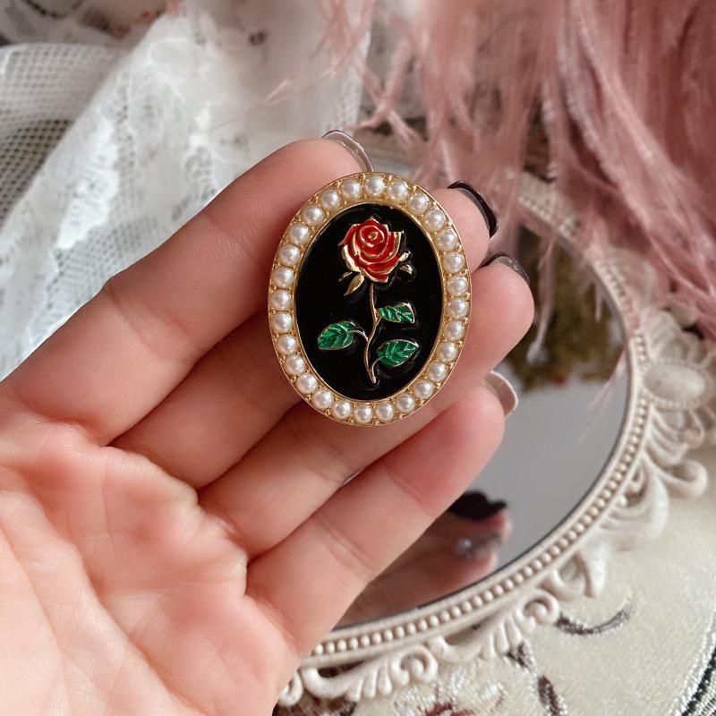 Exquisite French Retro Rose Enamel Pearl Brooch & 925 Silver Needle Earrings for Women