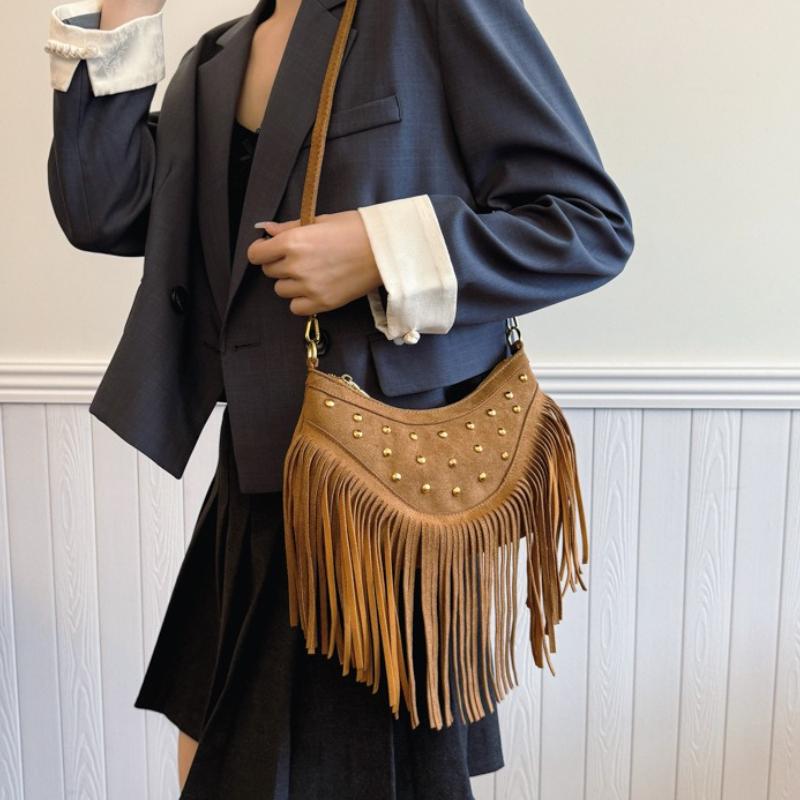 Fashion Tassel Shoulder Bags for Women Luxury Designer Crossbody Bag Saddle 2025 Retro Faux Suede Handbag Ladies Shopping Bag