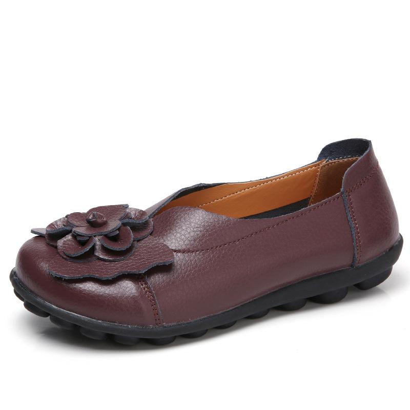 Spring Summer Cowhide Flower Mother Shoes Comfortable Bean Women's Shoes Flat Shoe Women's Singles Shoes