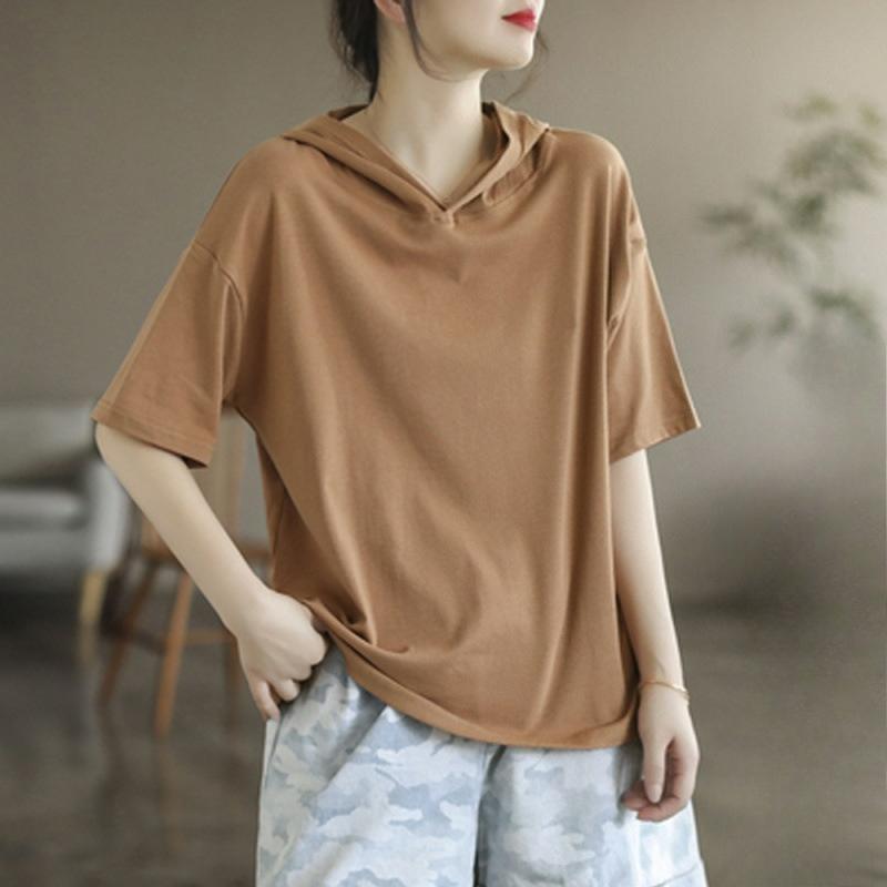 

Pure Cotton Hooded Short-sleeved Women s Summer Western Style Hooded Bottoming Shirt Outer Wear Solid Color T-shirt Large Size Ladies Top 3XL дубильна кора