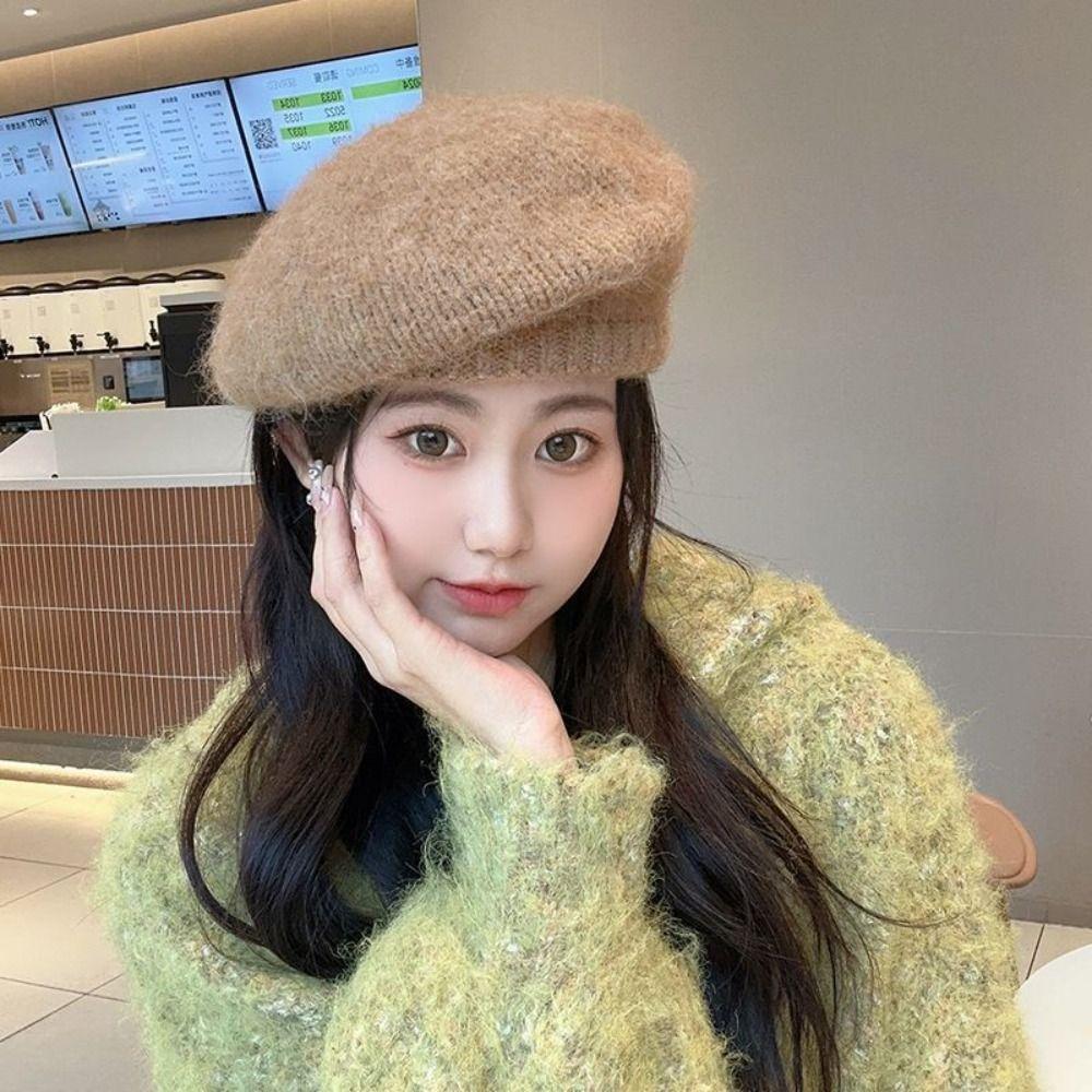 Fluffy Knitted Beret Hat Solid Color Knitted Octagonal Cap Retro Wool Painter Hat Girl