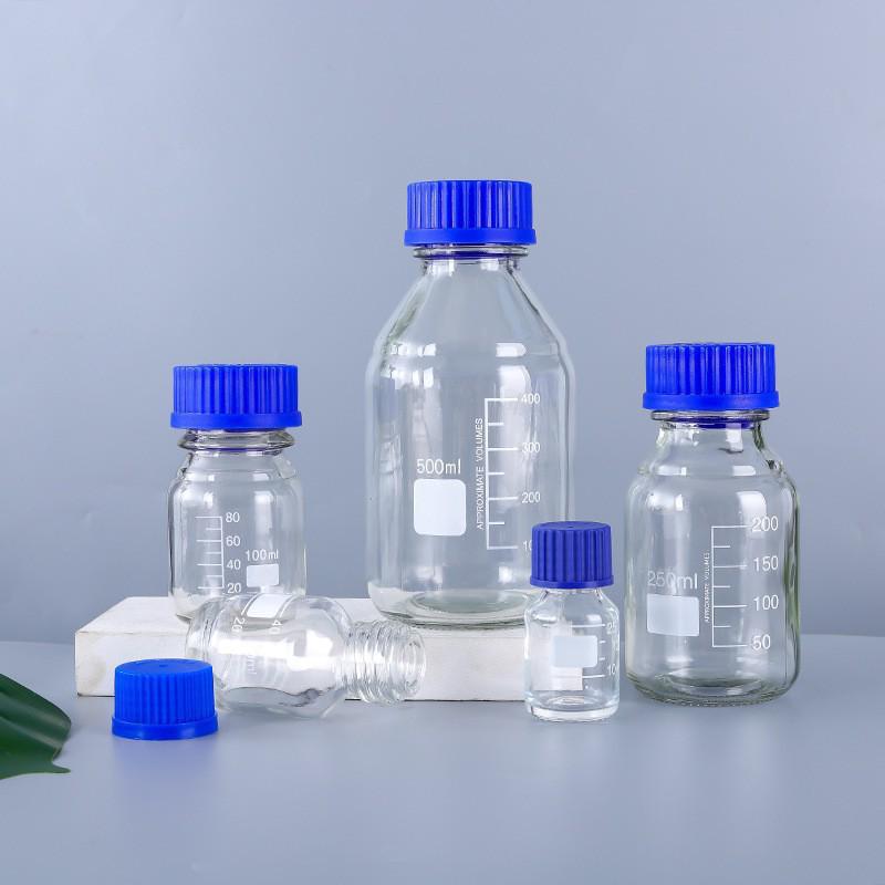 Blue Cap Transparent Glass Reagent Bottle with Scale, Brown Round Sampling Bottle