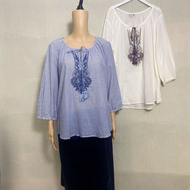 Export Exported To Spain Original Order Leftover Stock Spun Yarn Cotton Cropped Sleeves Shirt Women's Round Neck Embroider Light and Cool Summer