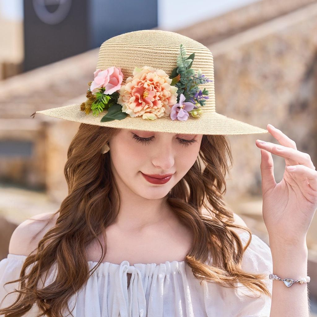 Summer bucket hat women's woven flower hat vacation visor sun hat