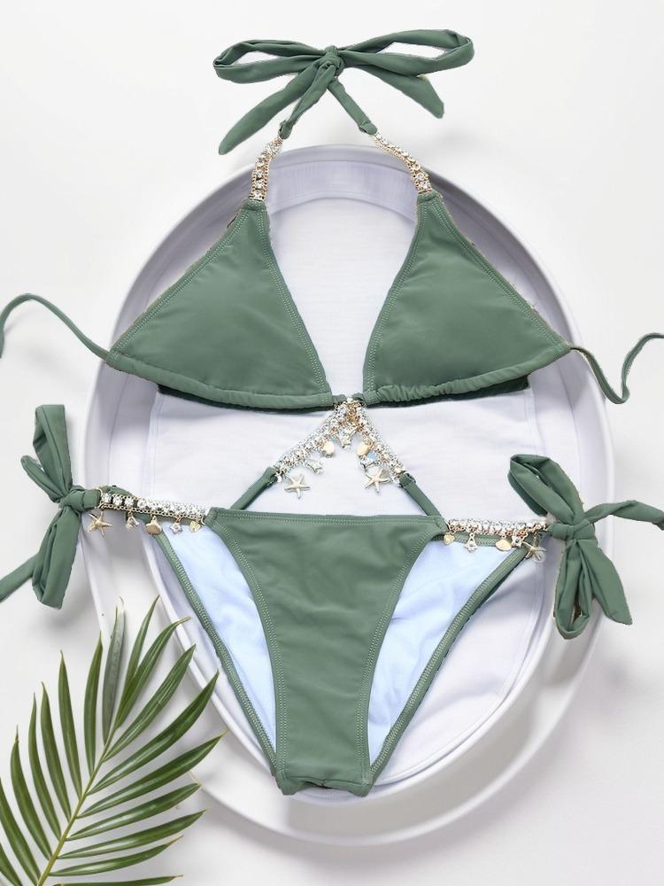 Cross Design Rhinestone Decor Bandage Bikini Multi Color Two Piece Swimsuit Trendy For Summer