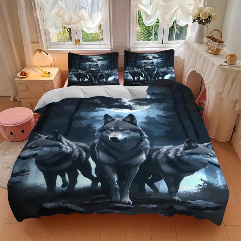 3pcs Wolf Pack Moonlight Bedding Set Down Comforter Cover and Pillowcases, Suitable for All Seasons(No Insert)-0729075
