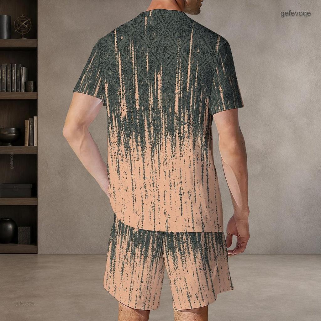 Men s Plus Size Printed Round Neck Short Sleeve Top And Shorts Two Piece Set