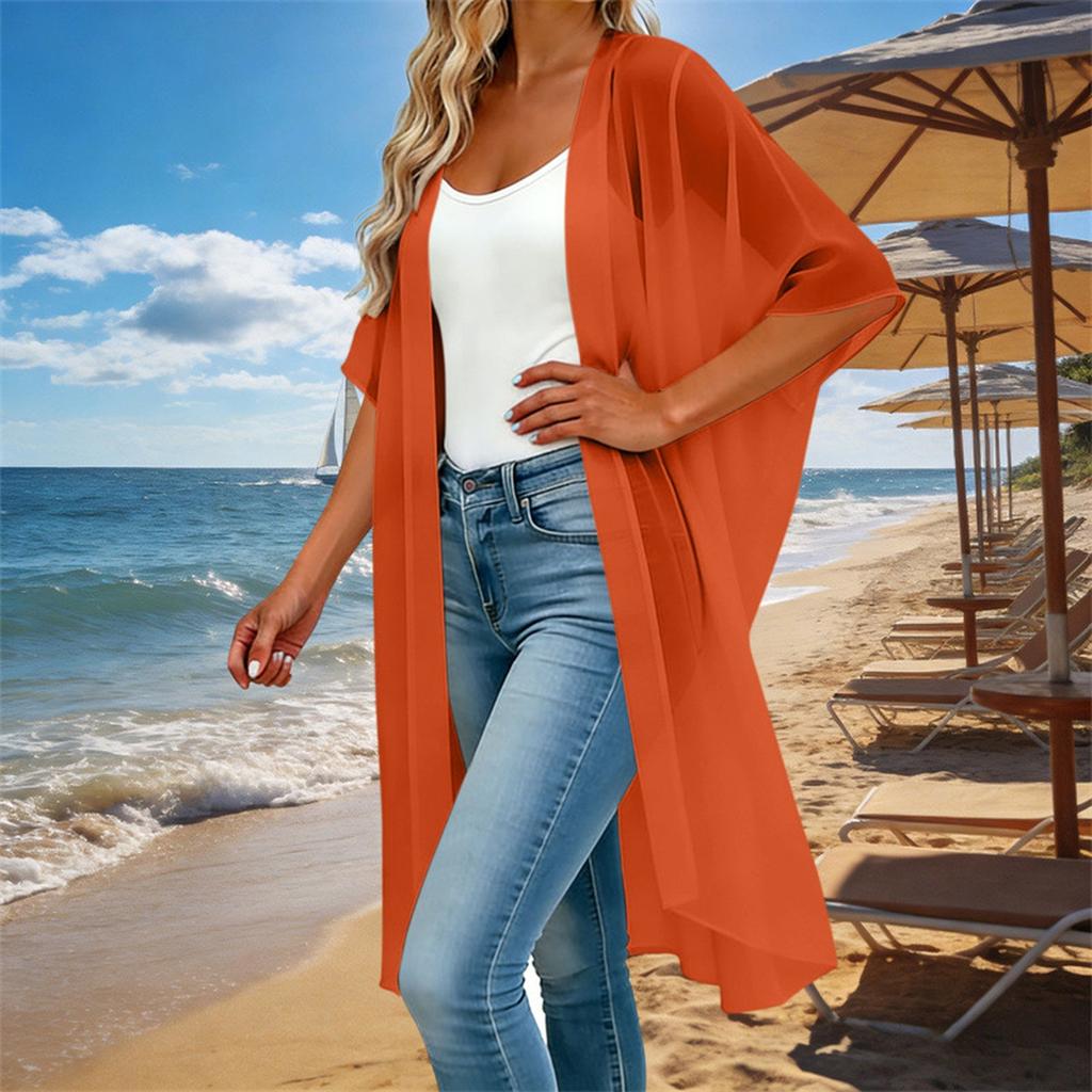 Damen Lockere Passform Offene Vorderseite Kurze Ärmel Strickjacke Leichte Chiffonbluse Lässiges Layering-Oberteil für Sommer Frühling