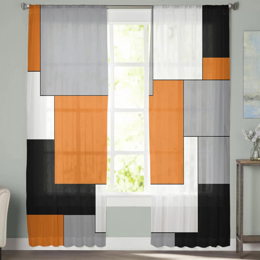 Orange Black Patchwork Abstract Art Sheer Curtains Window Tulle Curtains For Living Room Bedroom For Kitchen Curtains Decoration
