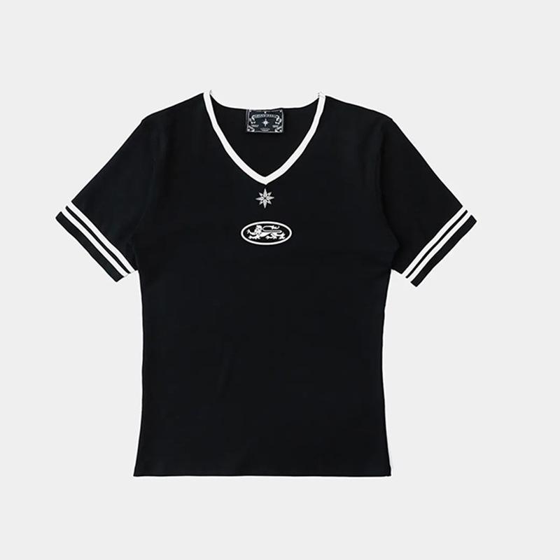 Korean Badblood BCAC Series Women s V-Neck Short-Sleeved T-Shirt - Niche Design Sports Casual Top M чёрный