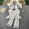 Summer Women Knitted Sweater Suit Short Sleeve Single Breasted Cardigan Top and Ankle Length Pant Two Piece Set For College Girl