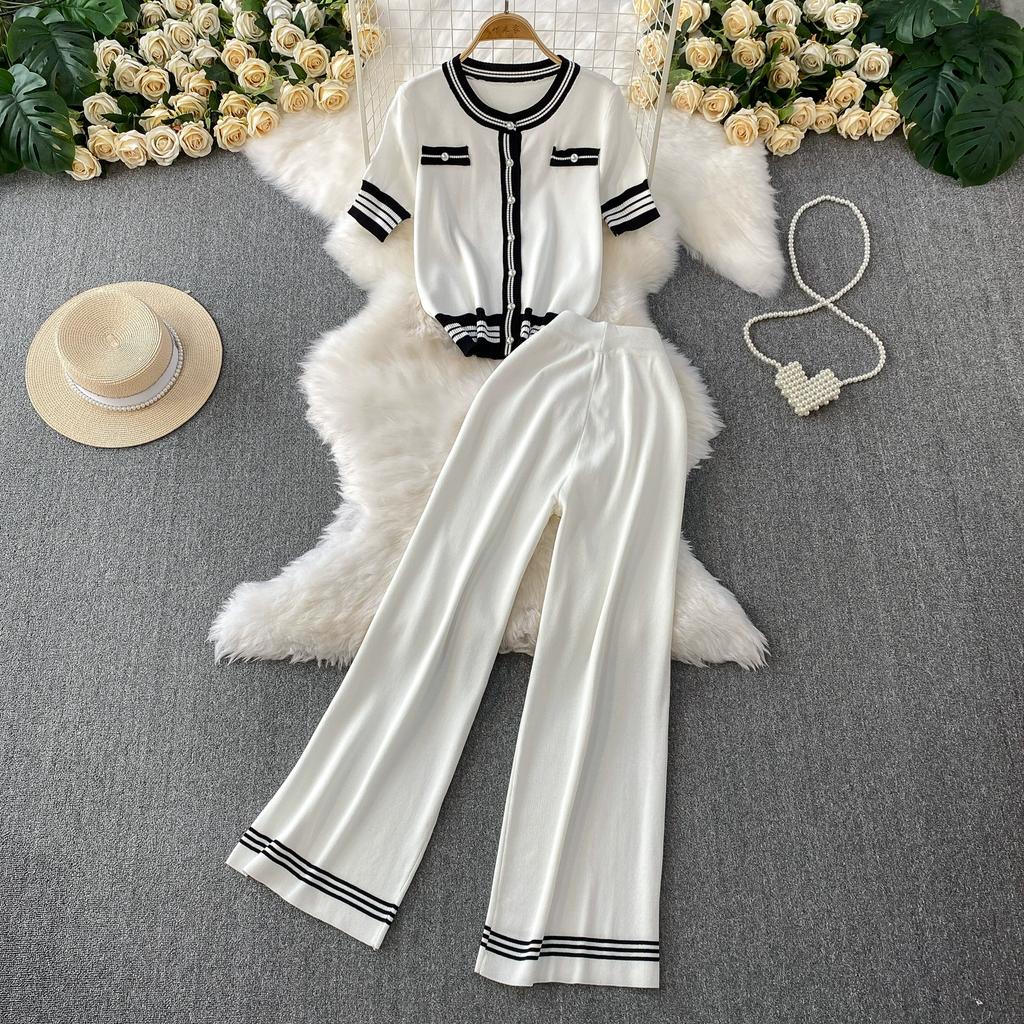 Summer Women Knitted Sweater Suit Short Sleeve Single Breasted Cardigan Top and Ankle Length Pant Two Piece Set For College Girl