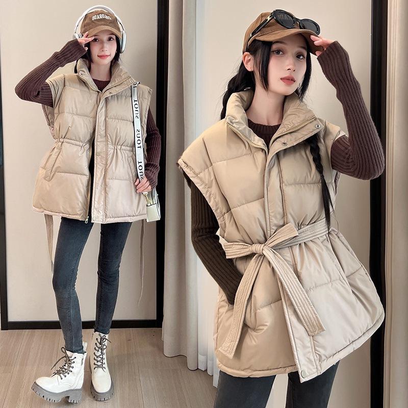 Neue Damen Daunen Baumwollweste Tasche Taille Ärmellos Baumwolljacke Weste Stehkragen