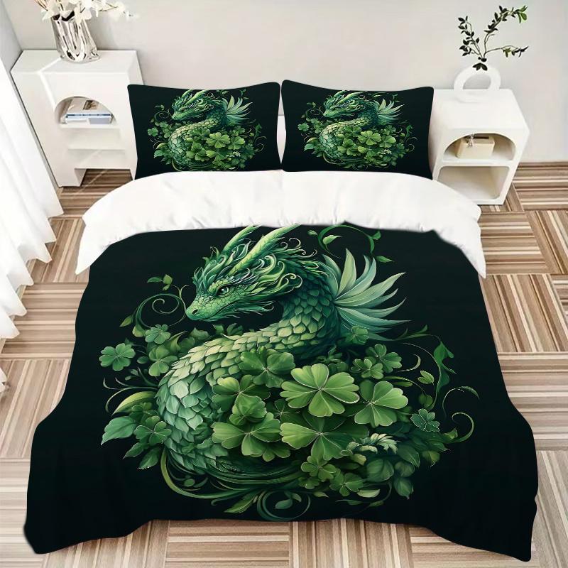 3pcs Green Leaf Dragon Quilt Set - Soft and Comfortable Bedroom, Guest Room and Dorm Decor Bedding Set 1 Quilt Cover + 2 Pillowcases.J063