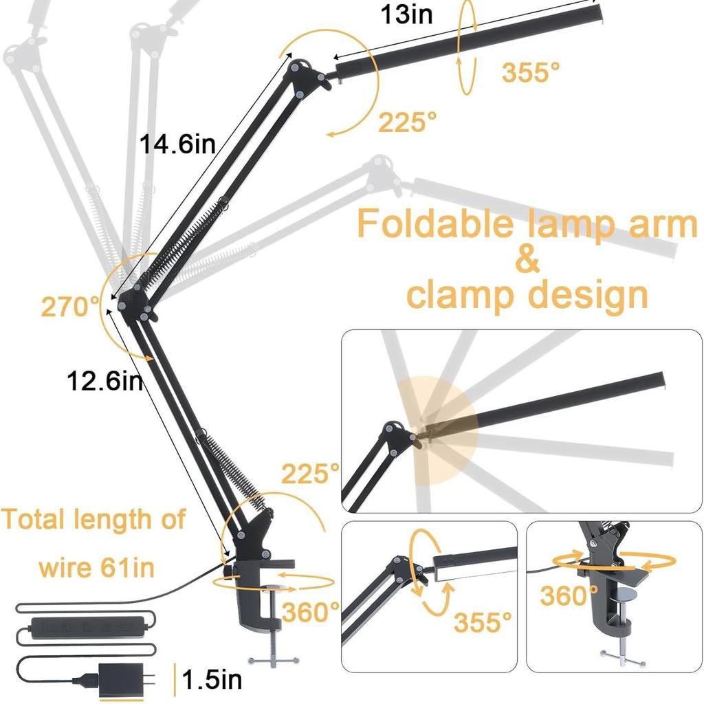 LED Adjustable Arm Desk Lamp with Eye Care, 3 Colors, 10 Brightness Levels for Home and Office.