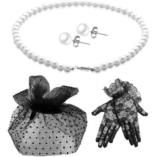 4 Pcs Tea Party Fascinator Hat Set for Women Lace Glove Pearl Set | Tea Party Accessories Outfits Headpiece Veil Lace Glove Pearl Jewerly for Wedding