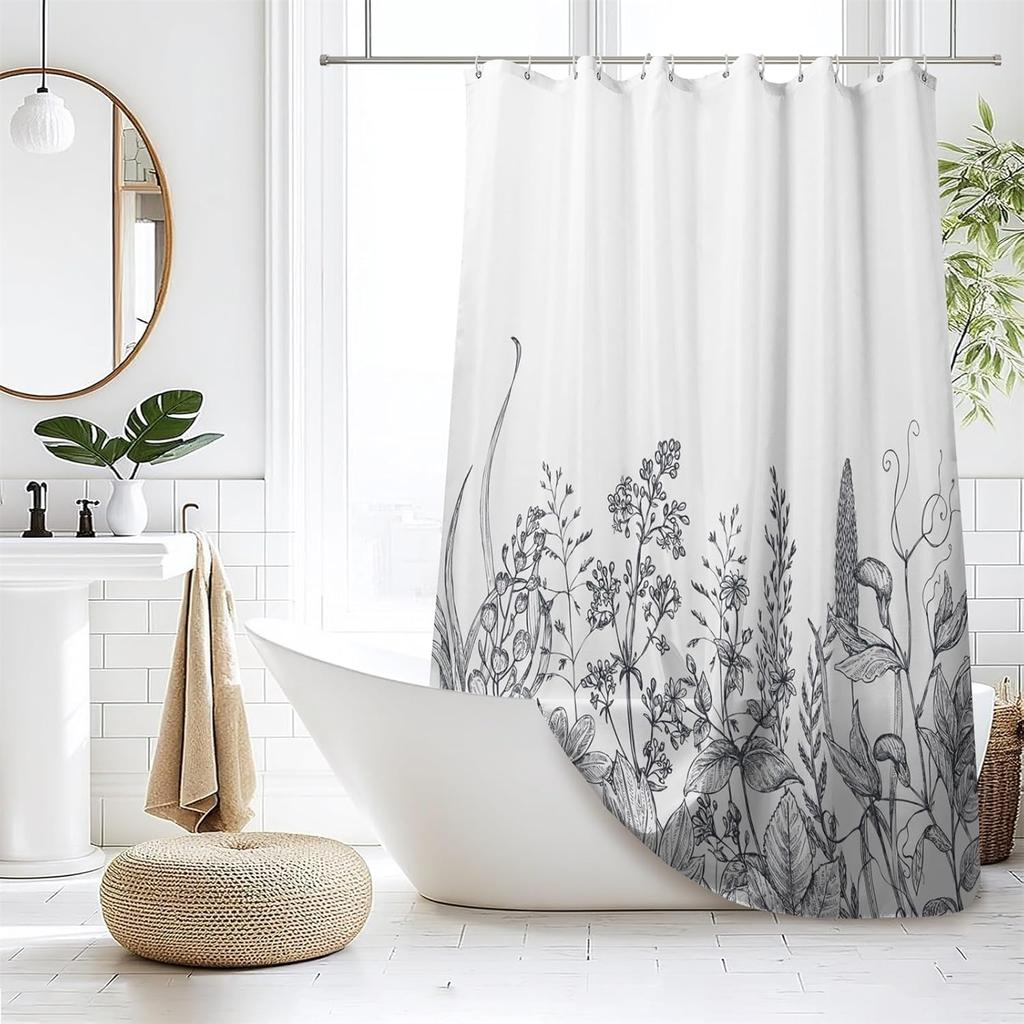 Botanical Stall Shower Curtain, Black and White Plant Herb Flower Floral Small Dorm Bathroom Curtain, Natural Modern Plants Narrow Shower Curtain Set