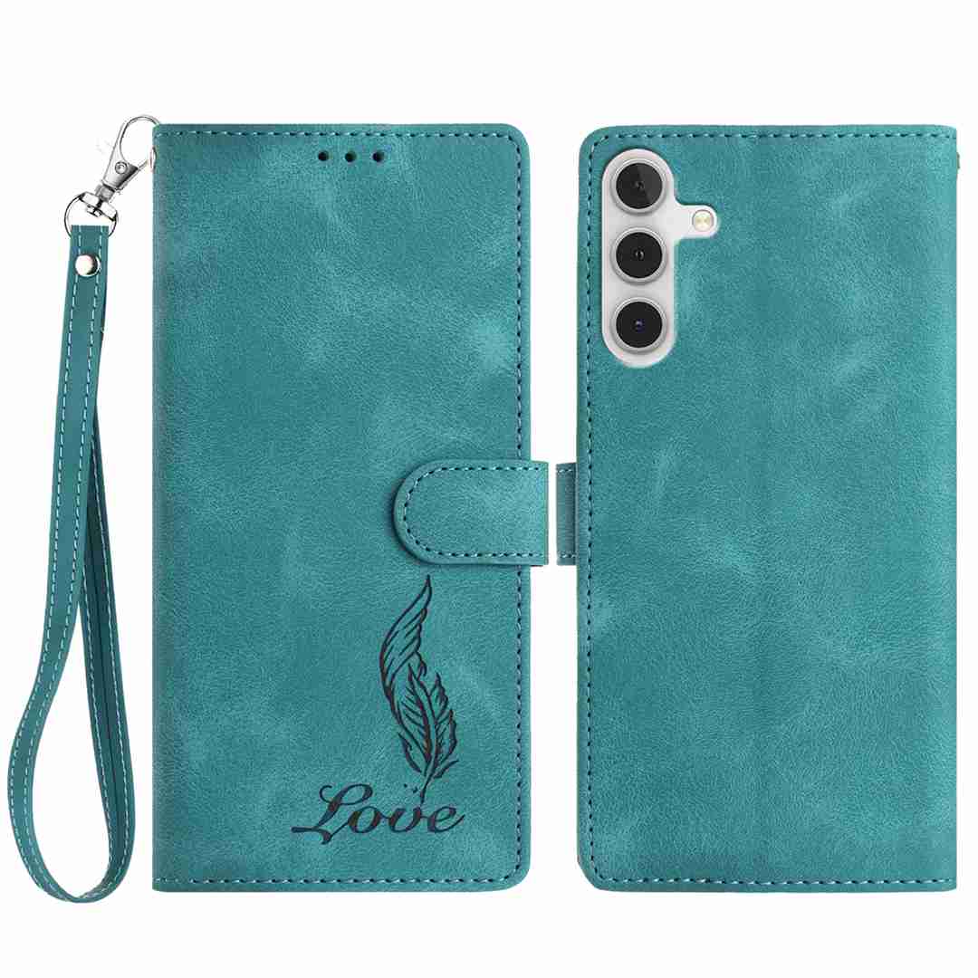 

For Samsung Galaxy A36 5G Case Imprinted Feather PU Leather Wallet Phone Cover with Wrist Strap Green
