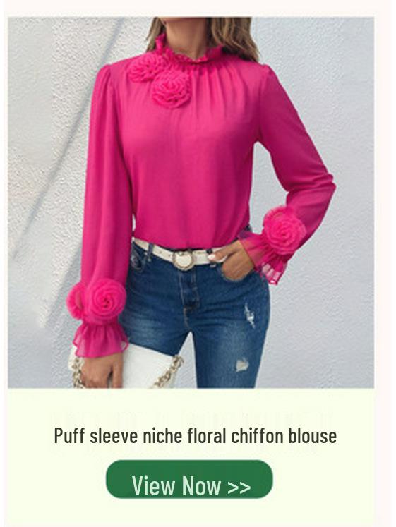 Versatile Women's Floral Chiffon Puff Sleeve Top - Long Sleeve French Style, Rose Solid Color, Age-Reducing Design