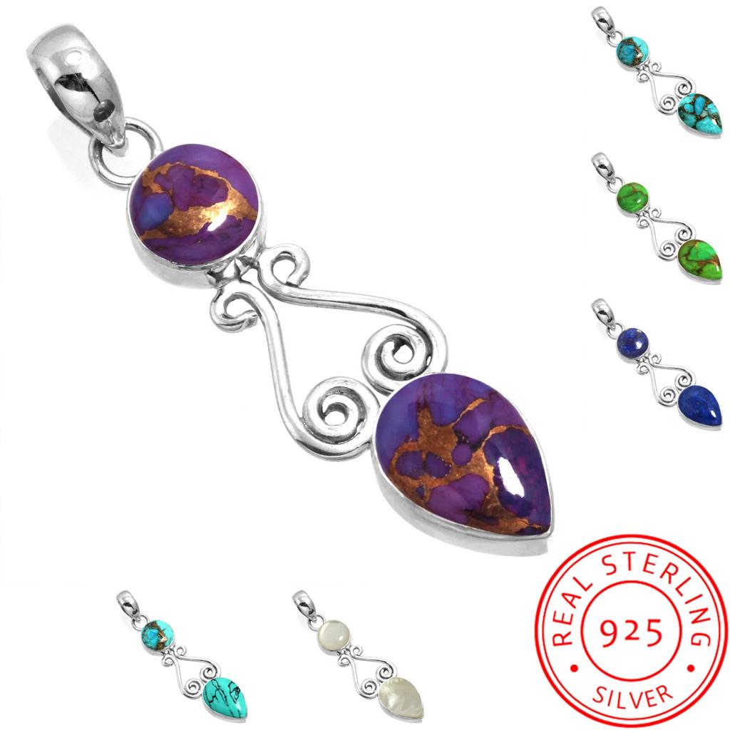 925 Sterling Silver Pendant Women Gemstone Handmade Jewelry Engagement Gift Blue Green Purple Copper Turquoise Pearl Lapis Mother Of Pearl Boho