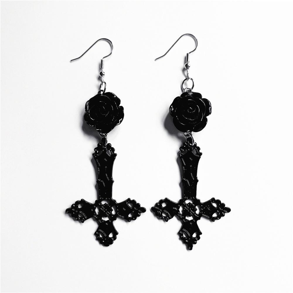 Gothic Black Roses and Cross Pendant Earrings Jewelry