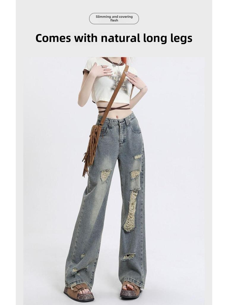 Women's High-Waist Ripped Wide-Leg Jeans - Summer Retro Trend